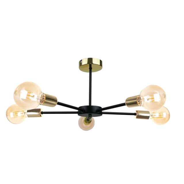 Sun Multi Arm Semi Flush Ceiling Light Black, Gold, 48cm, 5x E27