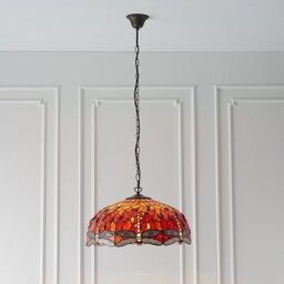 Dragonfly Tiffany 3 Light Large Ceiling Pendant Bronze, Red - thumbnail 3