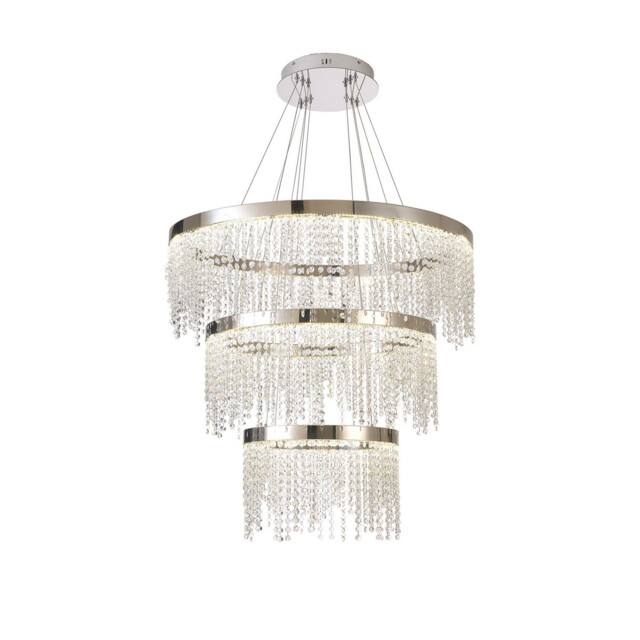 Bano Round 3 Tier Dimmable Pendant 90W LED, 4000K, 11300lm, Polished Chrome / Crystal Chain, 3yrs Warranty - image 1
