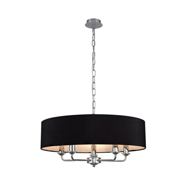 Banyan 5 Light Multi Arm Pendant, E14 Polished Chrome With 60cm x 15cm Faux Silk Shade, black - image 1