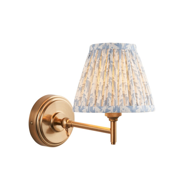 Step Fold Brushed Aged Brass Plate Wall Light with Shell Bay Blue Fabric Leaf Shade 16cm B22