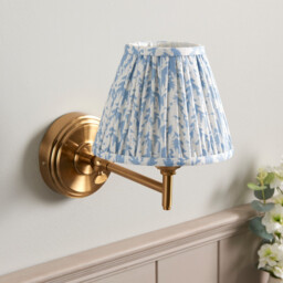 Step Fold Brushed Aged Brass Plate Wall Light with Shell Bay Blue Fabric Leaf Shade 16cm B22 - thumbnail 3