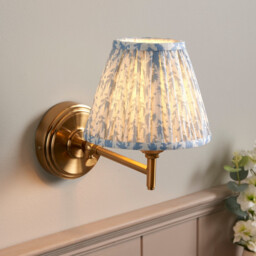 Step Fold Brushed Aged Brass Plate Wall Light with Shell Bay Blue Fabric Leaf Shade 16cm B22 - thumbnail 2