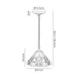 Ithaca 3 Light Downlighter Ceiling Pendant E27 With 30cm Tiffany Shade, White, Grey, Black, Clear Crystal, Aged Antique Brass - thumbnail 2