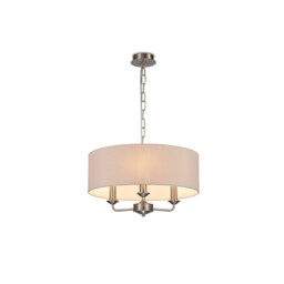 Banyan 3 Light Multi Arm Pendant, E14 Satin Nickel With 45cm x 15cm Dual Faux Silk Shade, Nude Beige/Moonlight - thumbnail 1