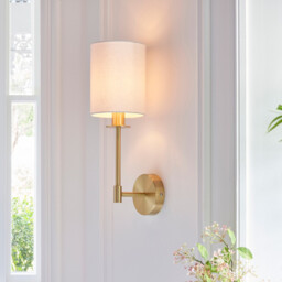 Sancerre Wall Lamp with Shade Satin Brass Plate, Vintage White Fabric, 1x E14 - thumbnail 2