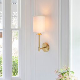 Sancerre Wall Lamp with Shade Satin Brass Plate, Vintage White Fabric, 1x E14 - thumbnail 3