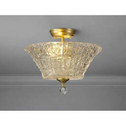 Dresden 2 Light Semi Flush Ceiling Lamp E27 With Round 38cm Patterned Glass Shade Satin Gold, Clear - thumbnail 3