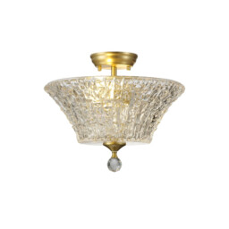 Dresden 2 Light Semi Flush Ceiling Lamp E27 With Round 38cm Patterned Glass Shade Satin Gold, Clear - thumbnail 1