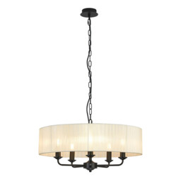 Banyan 5 Light Multi Arm Pendant With 60cm x 15cm Organza Shade Matt Black/Cream