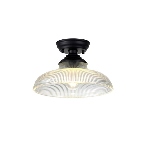 Dresden Flush Ceiling Lamp E27 With Round 30cm Glass Shade Matt Black, Clear - image 1