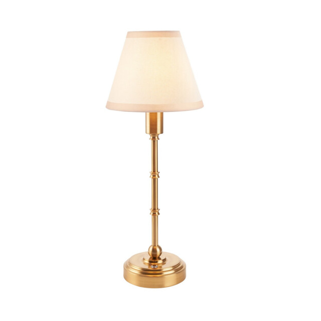Burley Rechargeable Brushed Aged Brass Plate Table Lamp with Vintage White Fabric Ivy Shade 16cm Integrated LED - image 1
