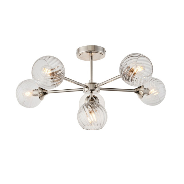 Allegra 6 Light Multi Arm Glass Shade Semi Flush Ceiling Lamp Bright Nickel - image 1
