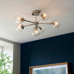 Allegra 6 Light Multi Arm Glass Shade Semi Flush Ceiling Lamp Bright Nickel - thumbnail 3