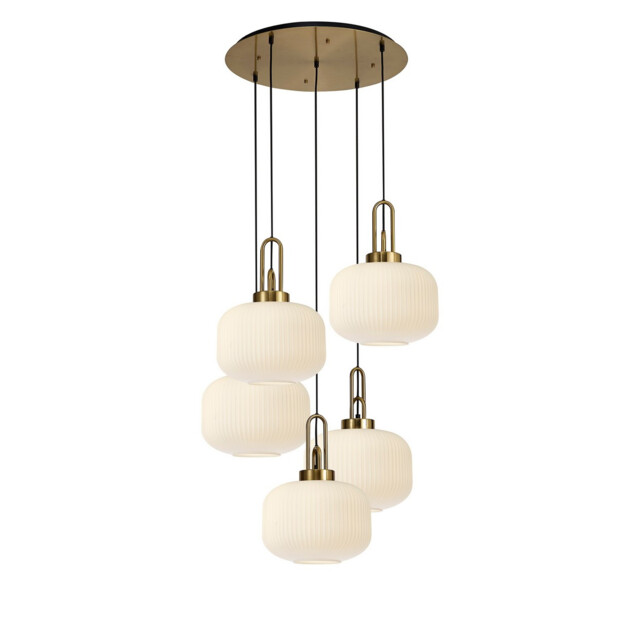 Yorktown 75cm 2.5m Round Pendant, 5 x E27, Brass Gold/Matt Black With 30cm Pumpkin Shaped Ribbed Opal Glass - image 1