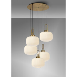Yorktown 75cm 2.5m Round Pendant, 5 x E27, Brass Gold/Matt Black With 30cm Pumpkin Shaped Ribbed Opal Glass - thumbnail 3