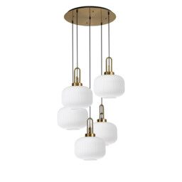 Yorktown 75cm 2.5m Round Pendant, 5 x E27, Brass Gold/Matt Black With 30cm Pumpkin Shaped Ribbed Opal Glass - thumbnail 5