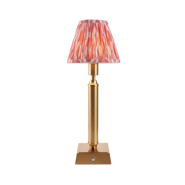 Trobridge Rechargeable Brushed Aged Brass Plate Table Lamp with Coral Pink Fabric Ikat Shade 16cm Integrated LED - image 1