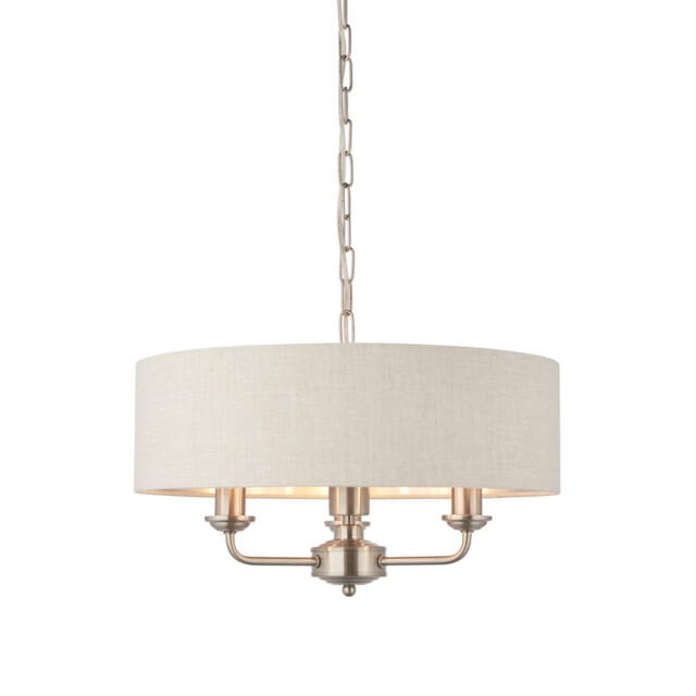 Highclere 3 Lamp Single Shade Pendant Light Brushed Chrome Plate, Natural Linen - image 1