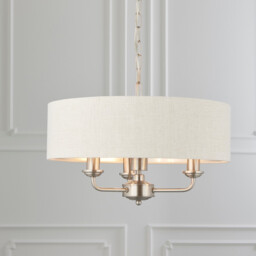 Highclere 3 Lamp Single Shade Pendant Light Brushed Chrome Plate, Natural Linen - thumbnail 2