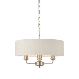 Highclere 3 Lamp Single Shade Pendant Light Brushed Chrome Plate, Natural Linen