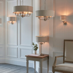 Highclere 3 Lamp Single Shade Pendant Light Brushed Chrome Plate, Natural Linen - thumbnail 5