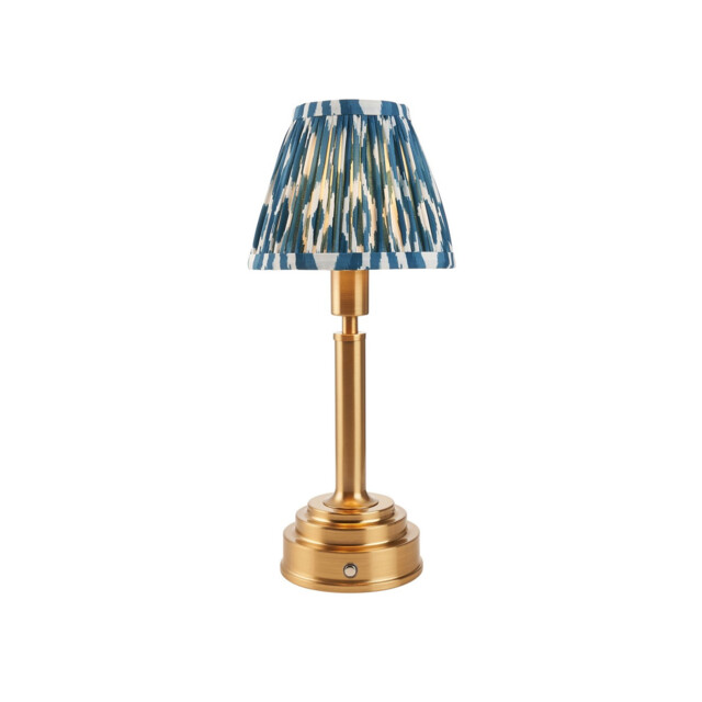 Upton Rechargeable Brushed Aged Brass Plate Table Lamp with Marlin Blue Fabric Ikat Shade 16cm Integrated LED - image 1