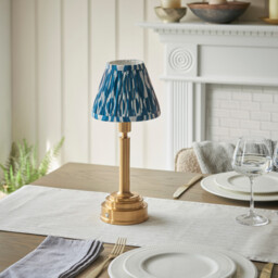 Upton Rechargeable Brushed Aged Brass Plate Table Lamp with Marlin Blue Fabric Ikat Shade 16cm Integrated LED - thumbnail 3