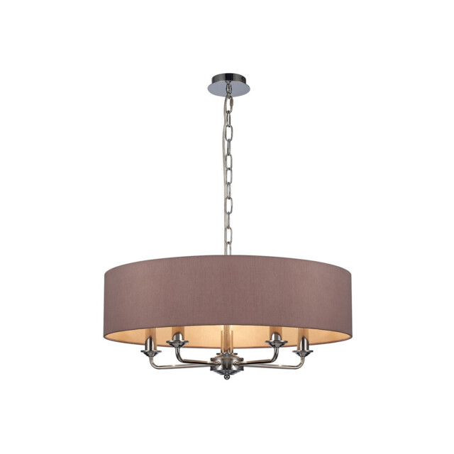 Banyan 5 Light Multi Arm Pendant, E14 Polished Chrome With 60cm x 15cm Dual Faux Silk Shade, Taupe/Halo Gold - image 1