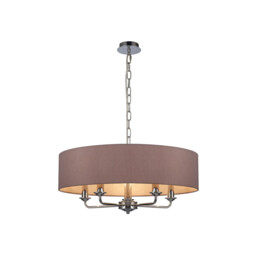 Banyan 5 Light Multi Arm Pendant, E14 Polished Chrome With 60cm x 15cm Dual Faux Silk Shade, Taupe/Halo Gold