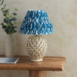 Layered Leaf Ivory Crackle Glaze Table Lamp with Marlin Blue Fabric Ikat Shade 30cm B22 - thumbnail 3