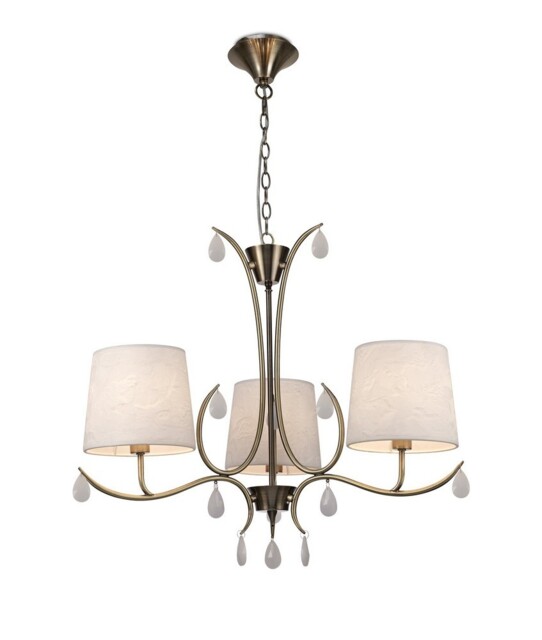 Andrea Ceiling Pendant 67cm Round, Antique Brass, White Shades, White Crystal Droplets - image 1