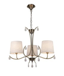 Andrea Ceiling Pendant 67cm Round, Antique Brass, White Shades, White Crystal Droplets - thumbnail 1