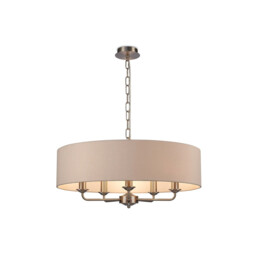 Banyan 5 Light Multi Arm Pendant, E14 Satin Nickel With 60cm x 15cm Dual Faux Silk Shade, Nude Beige/Moonlight