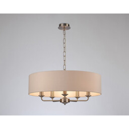 Banyan 5 Light Multi Arm Pendant, E14 Satin Nickel With 60cm x 15cm Dual Faux Silk Shade, Nude Beige/Moonlight - thumbnail 2