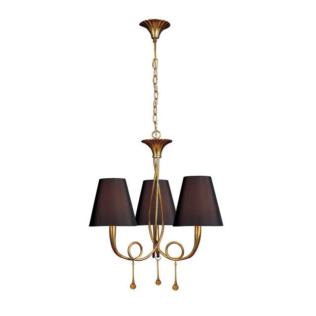 Paola Pendant 3 Light E14, Gold Painted With Black Shades & Amber Glass Droplets - image 1