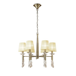 Tiffany Pendant 6+6 Light E14+G9, Antique Brass With Cream Shades & Clear Crystal