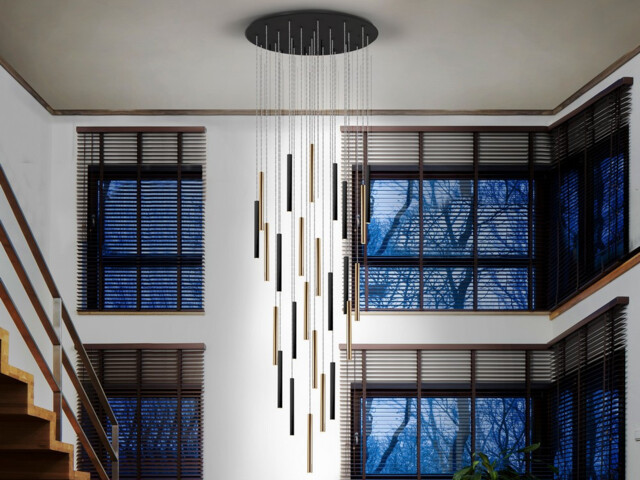 Varas Cluster Drop Ultra Slim 14 Light Dimmable Suspension 3 Meter Max Hanging Light, Gold & Matt Black + Remote Control