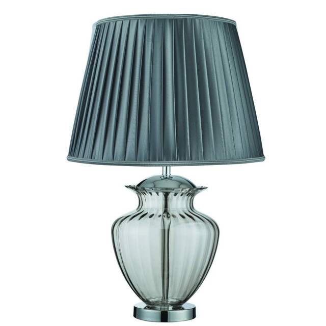 Elina 1 Light Table Lamp Chrome, Smoked and Glass with Grey Pleated Shade, E27 - image 1