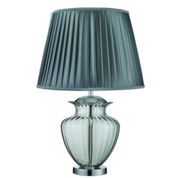 Elina 1 Light Table Lamp Chrome, Smoked and Glass with Grey Pleated Shade, E27