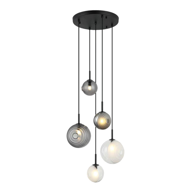 Sylion Cluster Pendant Ceiling Light Black Matt -Clear Frost White & Smoked Glass 5xG9 LED - image 1