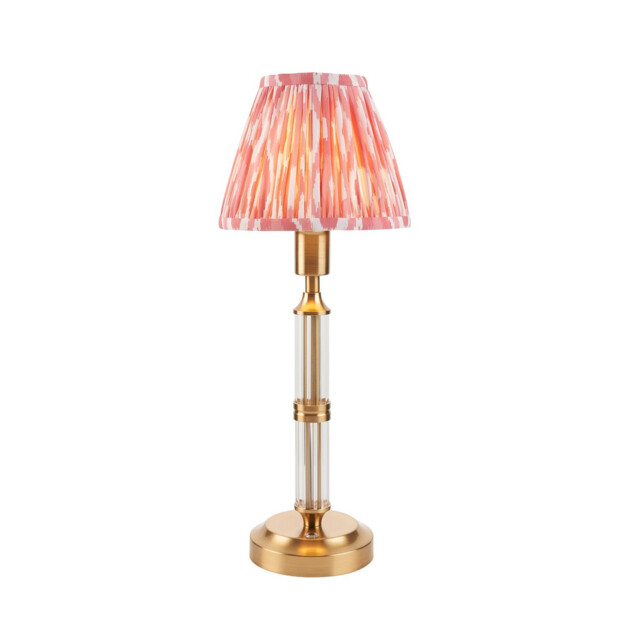 Morton Rechargeable Brushed Aged Brass Plate Table Lamp with Coral Pink Fabric Ikat Shade 16cm Integrated LED - image 1