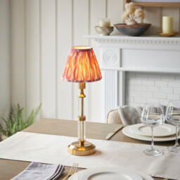Morton Rechargeable Brushed Aged Brass Plate Table Lamp with Coral Pink Fabric Ikat Shade 16cm Integrated LED - thumbnail 2