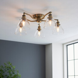 Hansen 5 Light Multi Arm Glass Semi Flush Ceiling Lamp, Antique Brass Plate, Glass - thumbnail 5