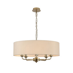 Banyan 5 Light Multi Arm Pendant With 60cm x 15cm Faux Silk Fabric Shade Champagne Gold/Ivory Pearl