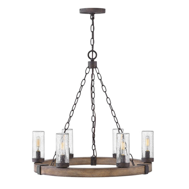 Sawyer 6 Light Multi Arm Pendant Ceiling Light Wood Effect Clear Seeded Glass IP44 - image 1