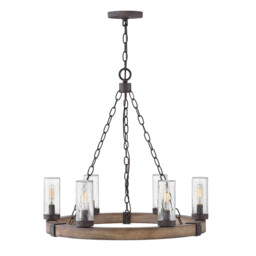 Sawyer 6 Light Multi Arm Pendant Ceiling Light Wood Effect Clear Seeded Glass IP44 - thumbnail 1