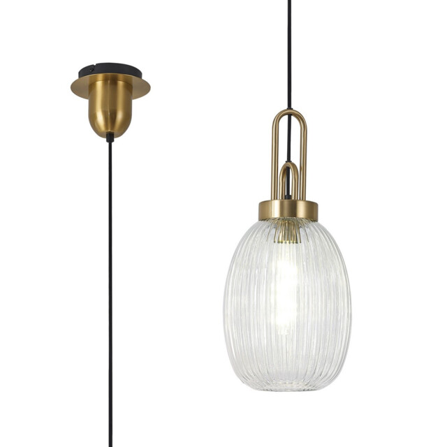 Yorktown Ceiling Pendant E27 With 20cm Almond Ribbed Glass, Clear Brass Gold, Matt Black - image 1