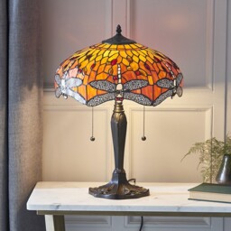 Dragonfly 2 Light Medium Table Lamp Dark Bronze, Yellow, Tiffany Style Glass, E27 - thumbnail 2