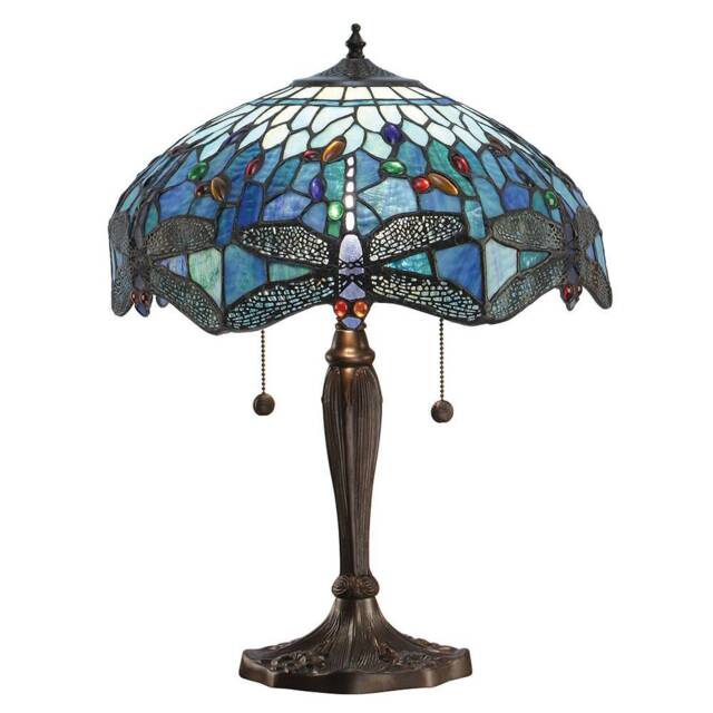 Dragonfly 2 Light Medium Table Lamp Dark Bronze, Blue, Tiffany Style Glass, E27 - image 1